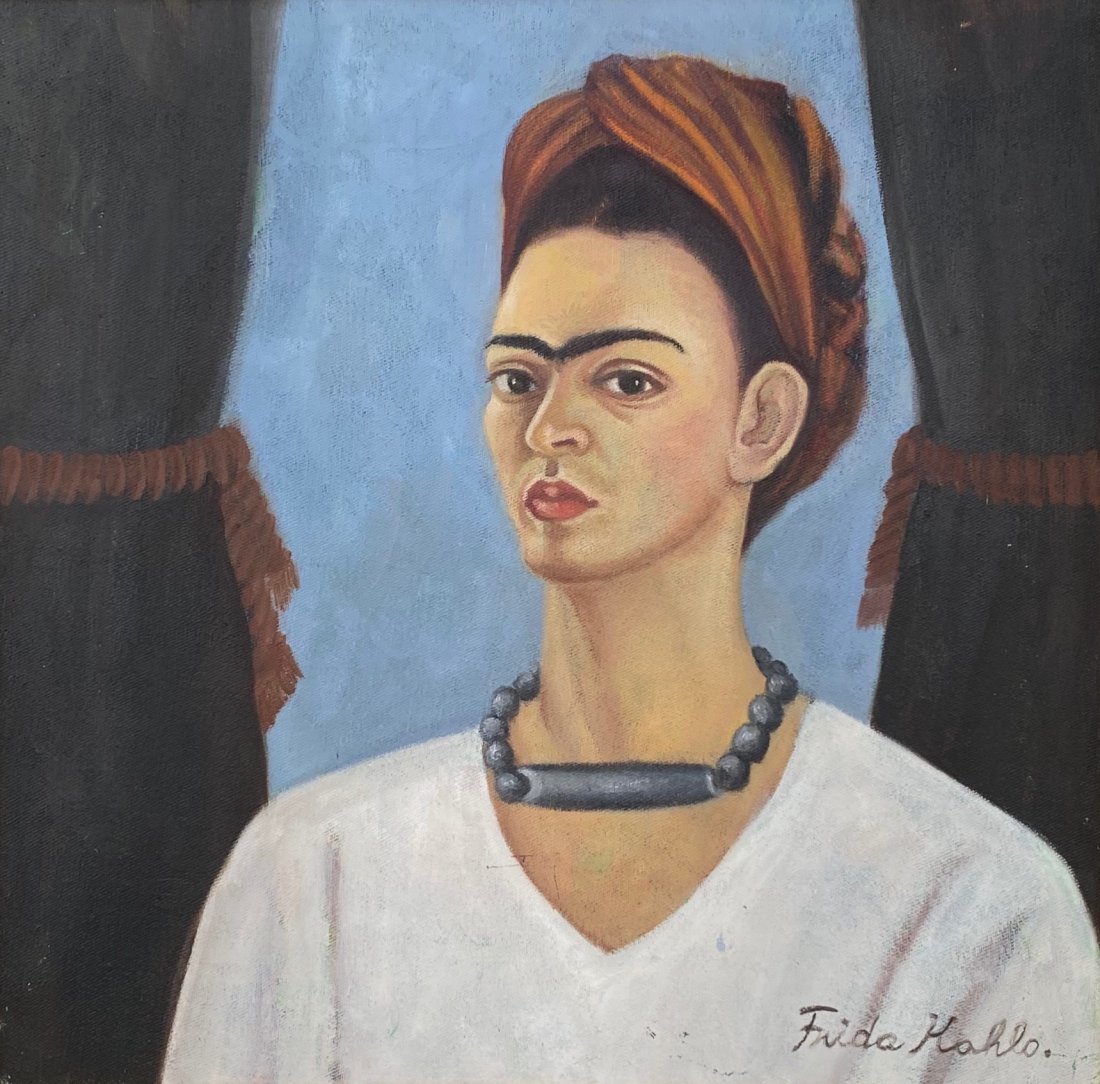Frida Kahlo (Oil on Canvas) In the Style of: Frida Kahlo Appears lower right. Technique: Oil on canvas Painting. Measures: 15 1/2 x 15 1/2 Inches. Provenance: Private Collection Mexico City. A certificate accompanied this lot. Lived Between (6 J