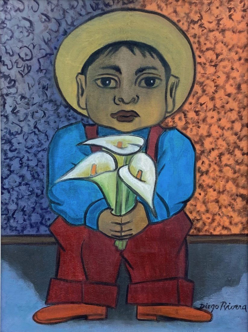 Diego Rivera (Oil on Canvas) in the Style of: Diego Rivera appears lower right. Measures: 15 3/4 x 11 3/4 inches. Technique:Oil on Canvas painting. Provenance: Private collection Mexico City. Lived between (December 8, 1886 – November 24, 1957)