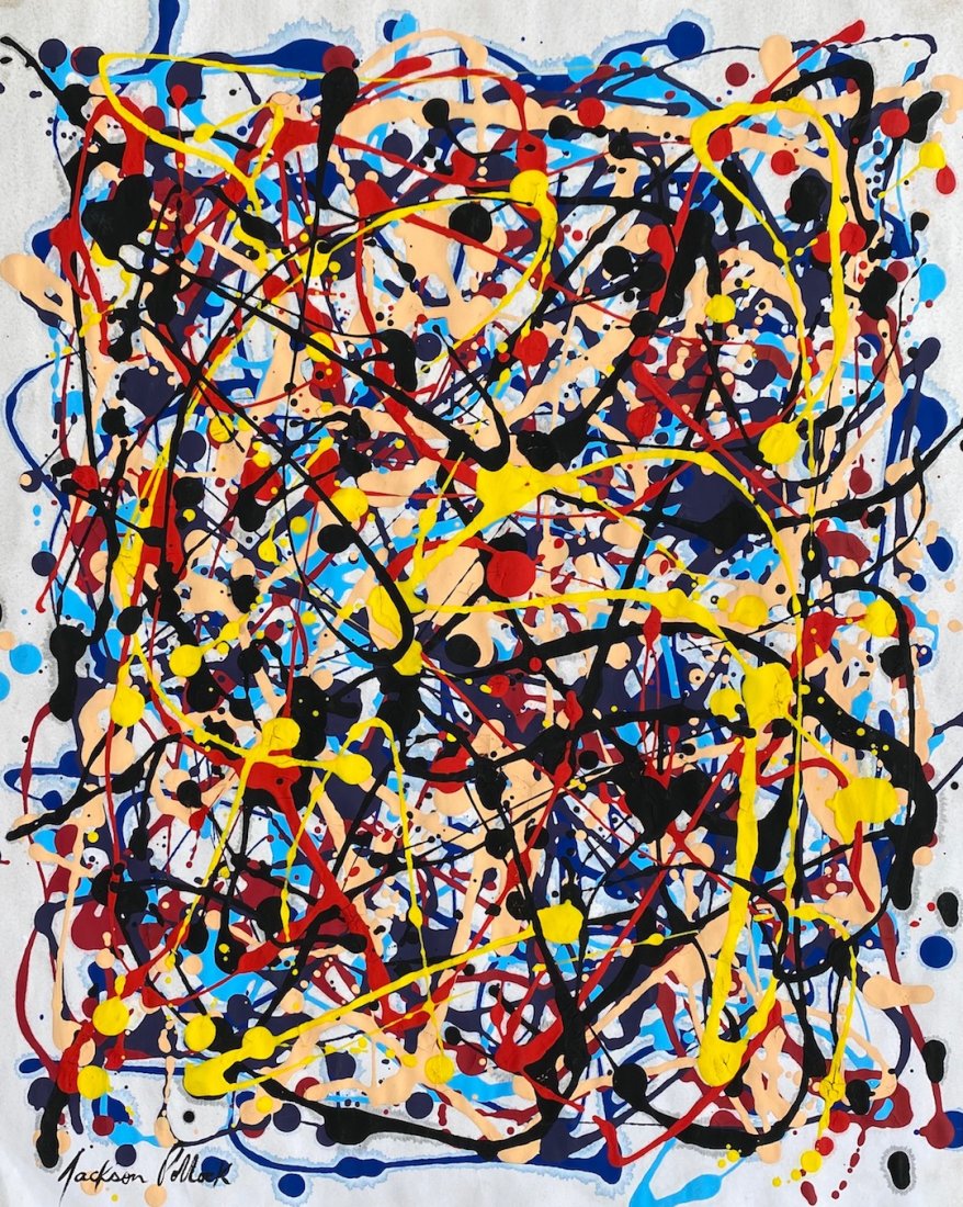 Jackson Pollock (Gouache on Paper) in the Style of: Jackson Pollock appears in lower left. Technique: gouache on paper painting. Measures: 15 x 12 Inches. Provenance: Private collection. A COA accompanied this lot. Lived Between (January 28, 1912 – A