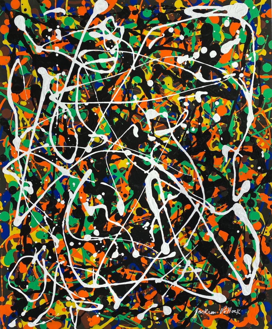 Jackson Pollock (Gouache on Paper) in the Style of: Jackson Pollock appears in lower right. Technique: gouache on paper painting. Measures: 14 7/8 x 12 1/4 inches. Provenance: Private collection, New York. A COA accompanied this lot. Lived Between (Jan