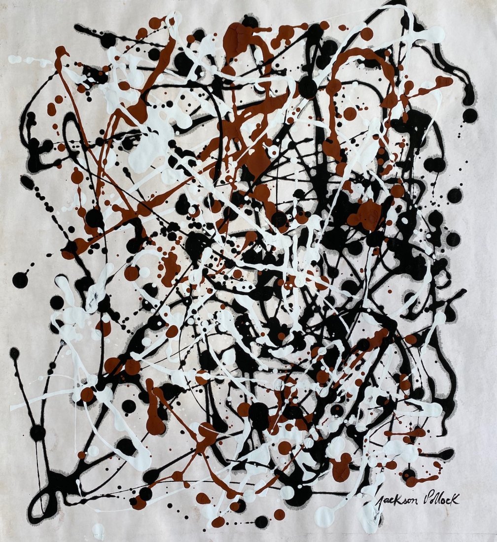 Jackson Pollock (Gouache on Paper) in the Style of: Jackson Pollock appears in lower right. Technique: gouache on paper painting. Measures: 14 x 12 3/4 inches. Provenance: Private collection, USA. A COA accompanied this lot. Lived Between (January 28, 