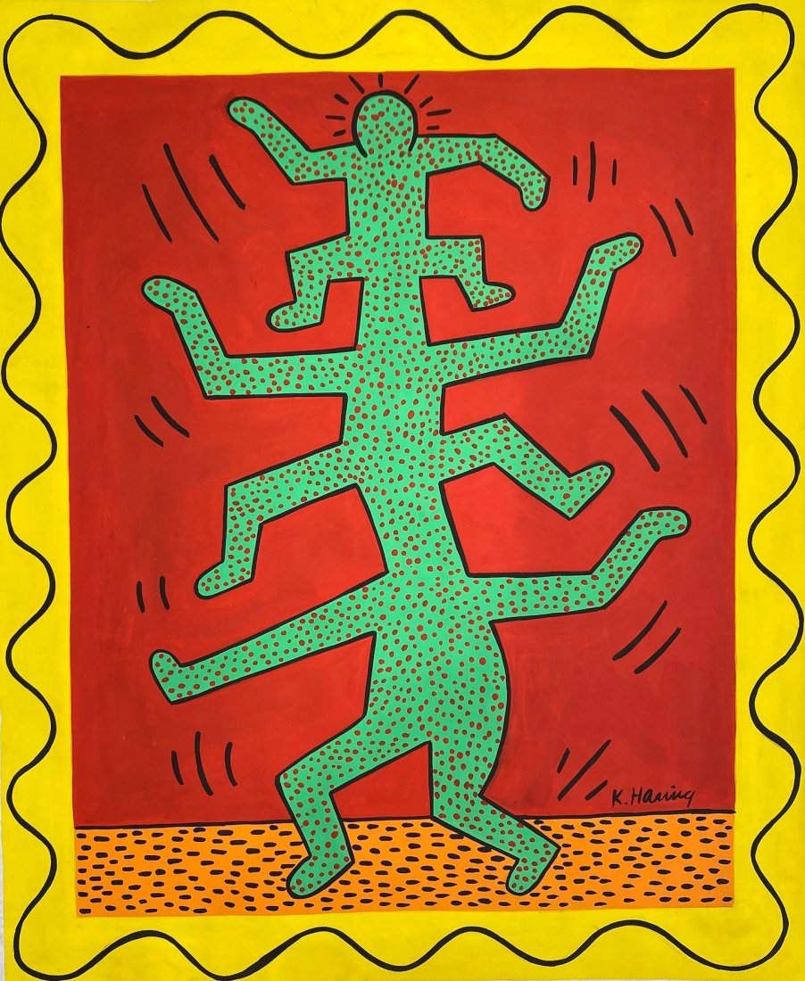 Keith Haring (Gouache on Paper ) in the style of: K.Haring appears in lower right. Technique: gouache on paper Painting. Measures: 16 x 13 1/4 Inches. Provenance: Private collection. A certificate accompanies this lot. Lived Between May 4, 1958 – F