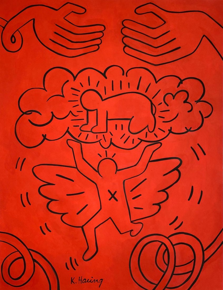 Keith Haring (Gouache on Paper ) in the style of: K.Haring. Technique: gouache on paper Painting. Measures: 14 x 11 Inches. Provenance: Private collection. A certificate accompanies this lot. Lived Between May 4, 1958 – February 16, 1990 was an Ame