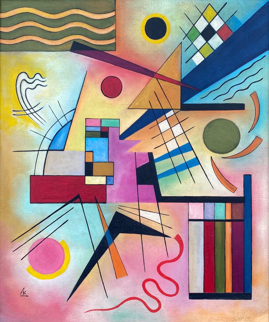 Wassily Kandinsky (Oil on Canvas) in the style of: Kandinsky appears lower left. Technique: Oil on Canvas. Measures: 24 x 20 inches. ProvenancePrivate collection. This piece comes with a COA. Lived Between (16 December]1866 – 13 December 1944) was a