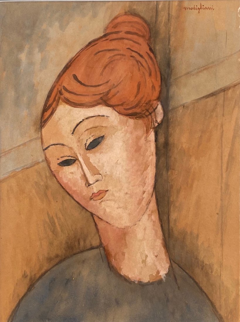 Amedeo Modigliani ( Watercolor on Paper) in the style: Modigliani appears upper right .Technique: Watercolor con paper Painting. Measures: 13 x 9 3/4 inches Provenance: Private Collection Paris Acquired by descent .A Certificate Accompanies this Piece .Bi