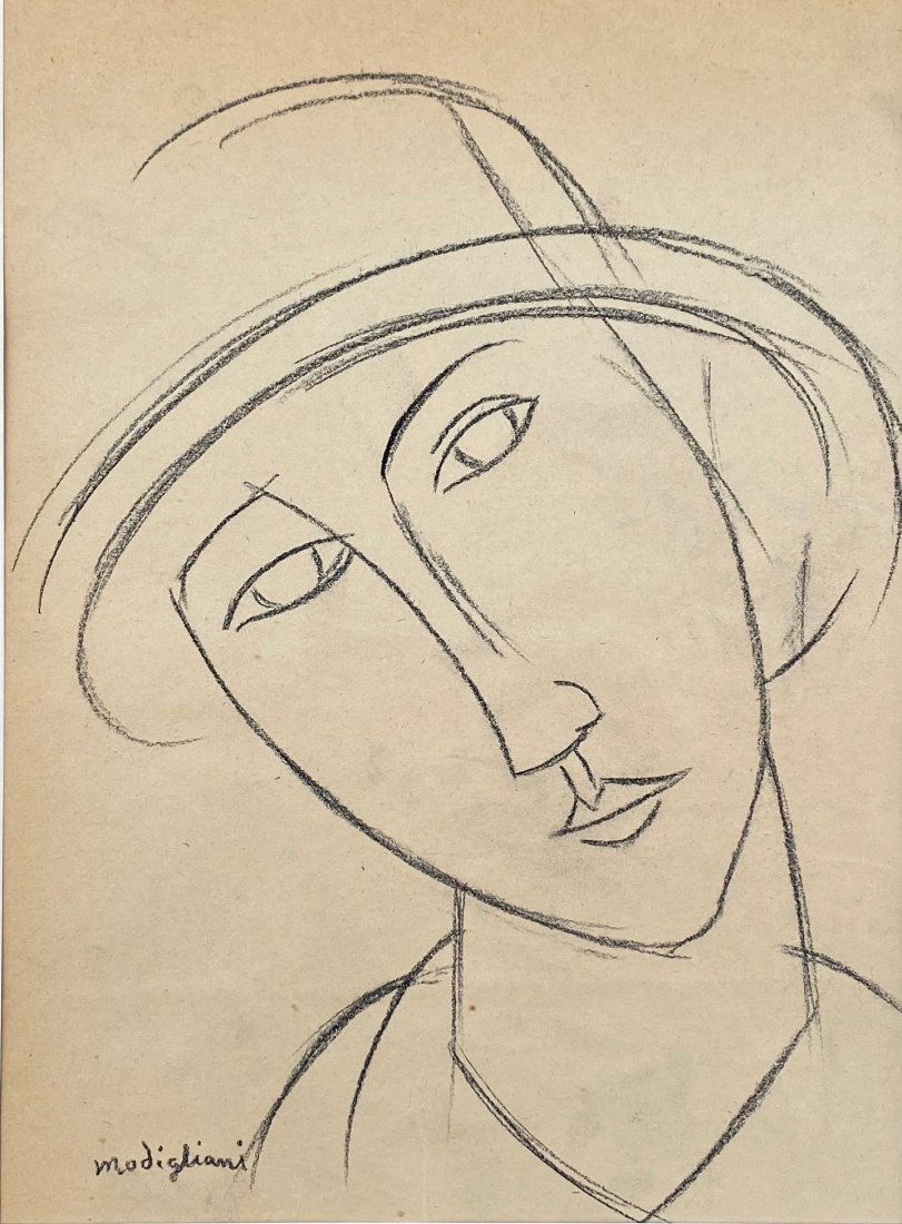 Amedeo Modigliani ( Crayon on Paper) in the style: Modigliani appears upper left .Technique: crayon con paper drawing. Measures: 11 3/8 x 8 1/2 inches Provenance: Private Collection Paris Acquired by descent .A Certificate Accompanies this Piece .Biog