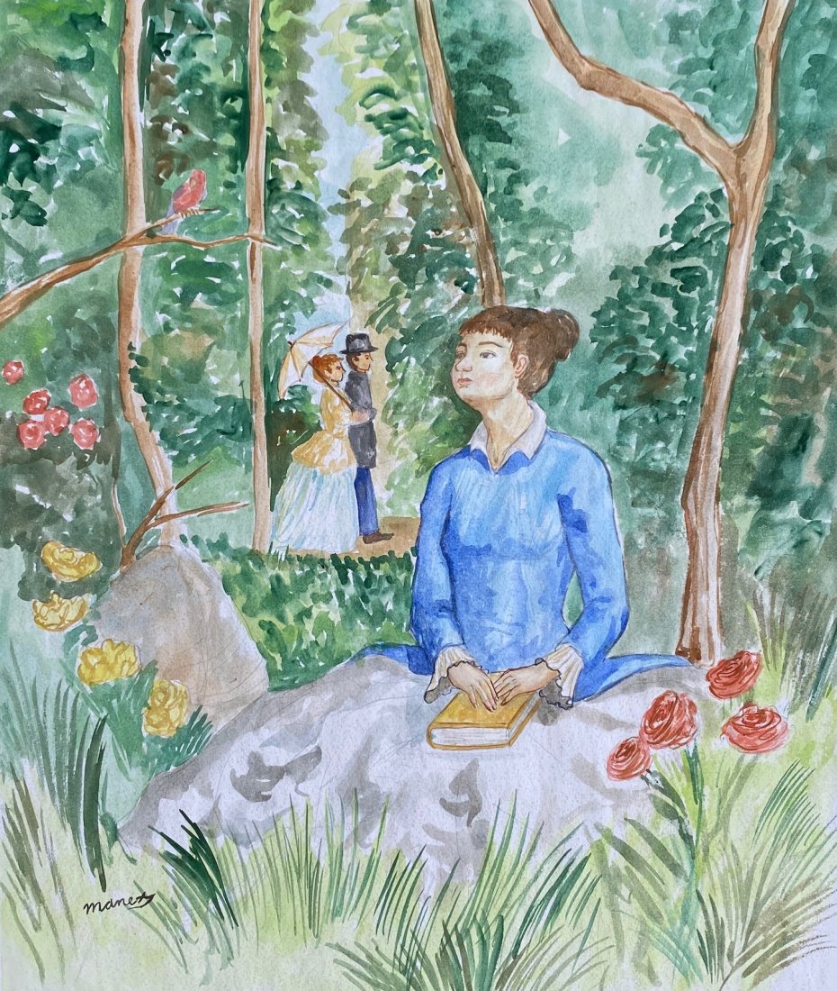 Edouard Manet (Watercolor on paper) in the style of: Manet Appears lower left. Technique: Watercolor on Paper Painting. Dimensions: 14 3/4 x 12 1/2 inches. Provenance: Private collection. Lived Between 23 January 1832 – 30 April 1883 was a French mode