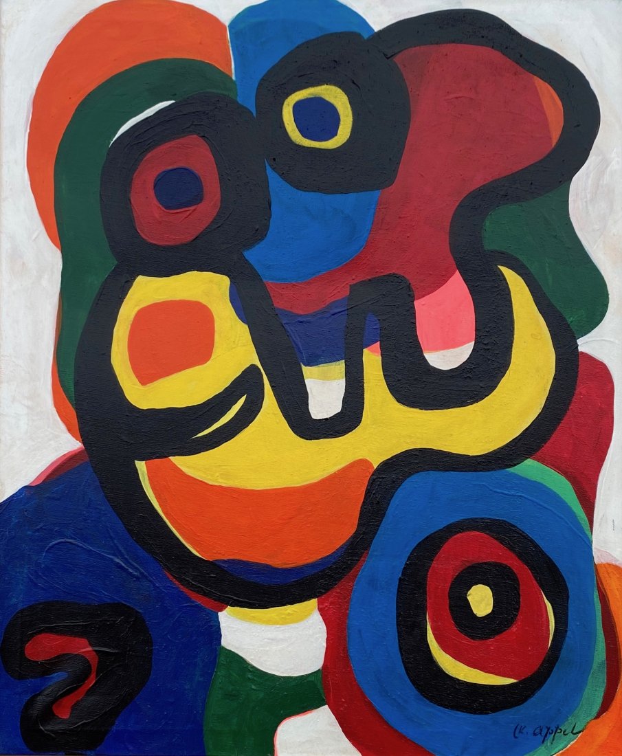 Karel Appel (Oil on Canvas) in the style of: K. Appel Appears in lower Right. Technique:Oil on canvas painting . Measures: 23 1/2 x 19 1/2 Inches . Provenance: Private Collection. A Certificate accompanies this lot. Lived Between 25 April 1921 �