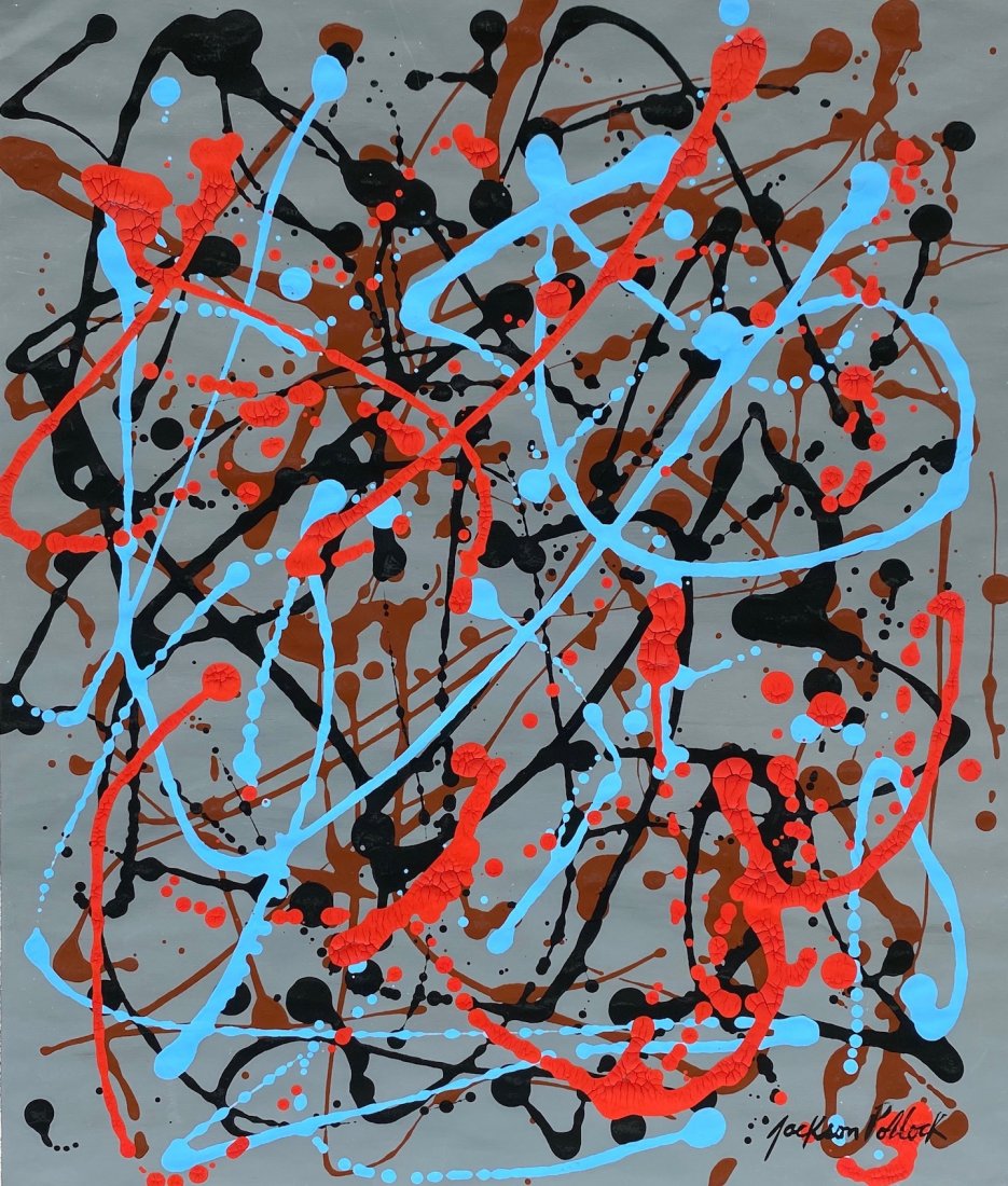 Jackson Pollock (Gouache on Paper) In the Style of: Jackson Pollock appears in lower right. Technique: gouache on paper painting. Measures: 13 x 11 Inches. Provenance: Private collection. A COA accompanied this lot. Lived Between (January 28, 1912 – 