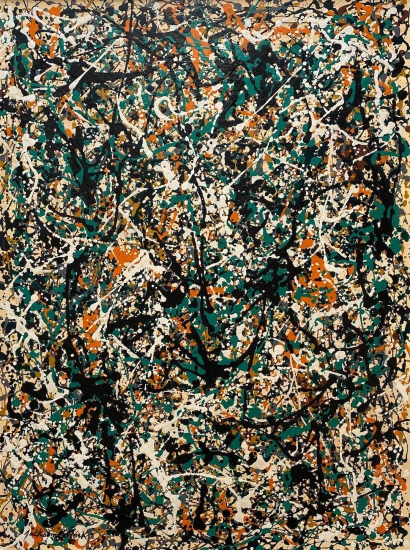 Jackson Pollock (Oil on Canvas) In the Style of: Jackson Pollock appears in lower left. Technique: Oil on canvas Painting. Measures: 32 x 24 Inches. Provenance: Private Collection New York Found in a State Sale 1973 Seller Son of the Last Owner. A c