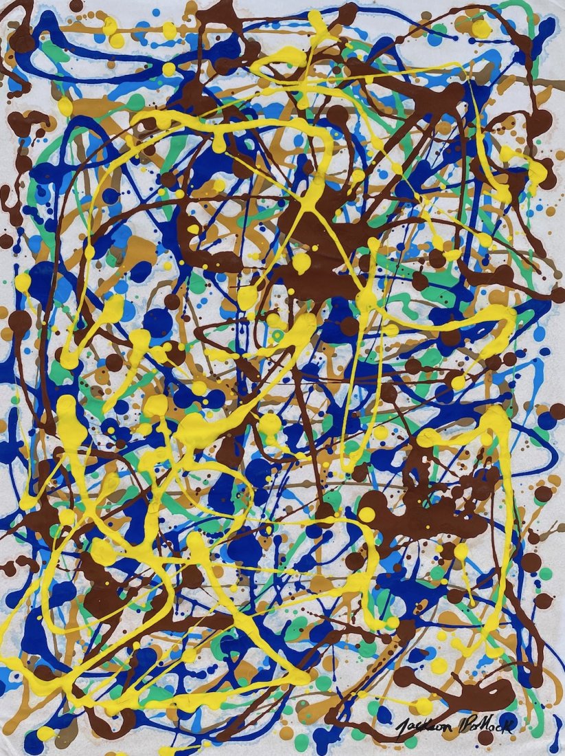 Jackson Pollock (Gouache on Paper) In the Style of: Jackson Pollock appears in lower right. Technique: gouache on paper painting. Measures: 15 x 11 1/2 Inches. Provenance: Private collection. A COA accompanied this lot. Lived Between (January 28, 1912 