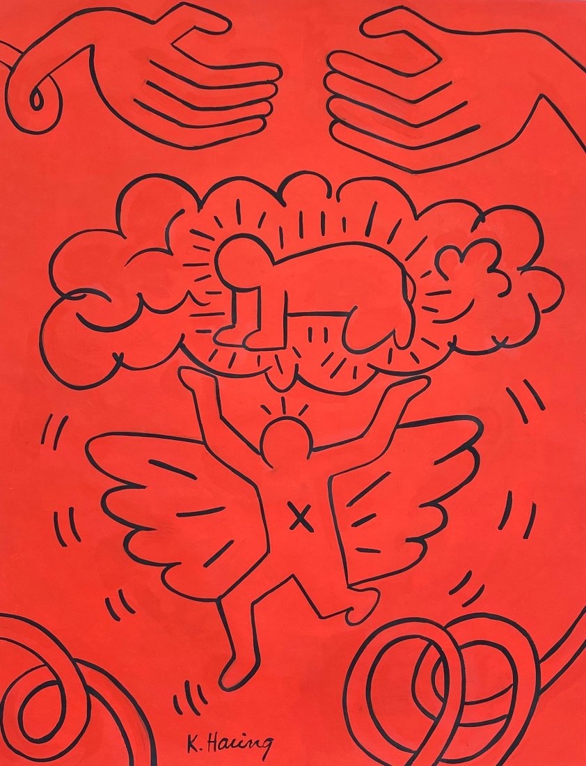 Keith Haring (Gouache on Paper ) in the style of: K.Haring. Technique: gouache on paper Painting. Measures: 15 x 12 Inches. Provenance: Private collection. A certificate accompanies this lot. Lived Between May 4, 1958 – February 16, 1990 was an Ame