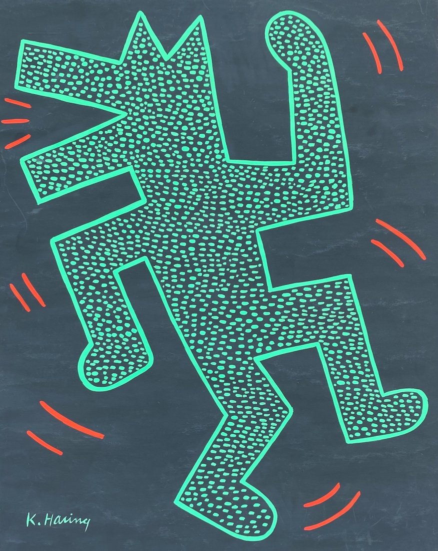 Keith Haring (Gouache on Paper ) in the style of: K.Haring appears in lower left. Technique: gouache on paper Painting. Measures: 14 x 11 Inches. Provenance: Private collection. A certificate accompanies this lot. Lived Between May 4, 1958 – Februa