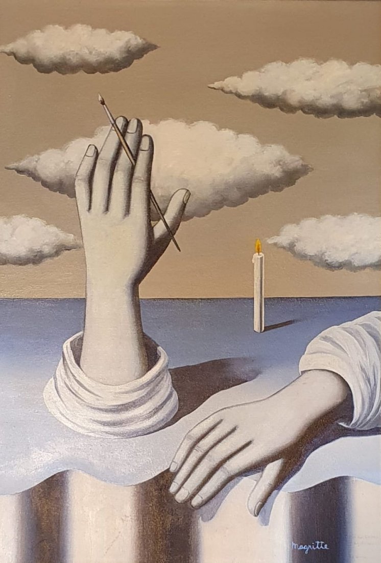 Rene Magritte (Oil on Canvas) in the style of: Magritte appears lower right. Technique: Oil on canvas Painting. Measures: 23 x 16 1/2 inches. Provenance:Private Collection Belgium ,Betty Barman, Brussels Acquired in 1957. A certificate Accompanies