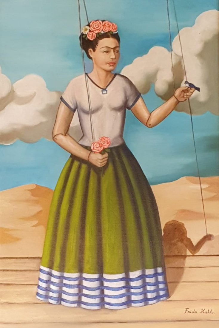 Frida Kahlo (Oil on Canvas) In the Style of: Frida Kahlo Appears lower right. Technique: Oil on canvas Painting. Measures: 23 5/8 x 15 3/4 Inches. Provenance: Maria de la Concepcion Friend of the Artist Mexico City descent to the Doughtier and t