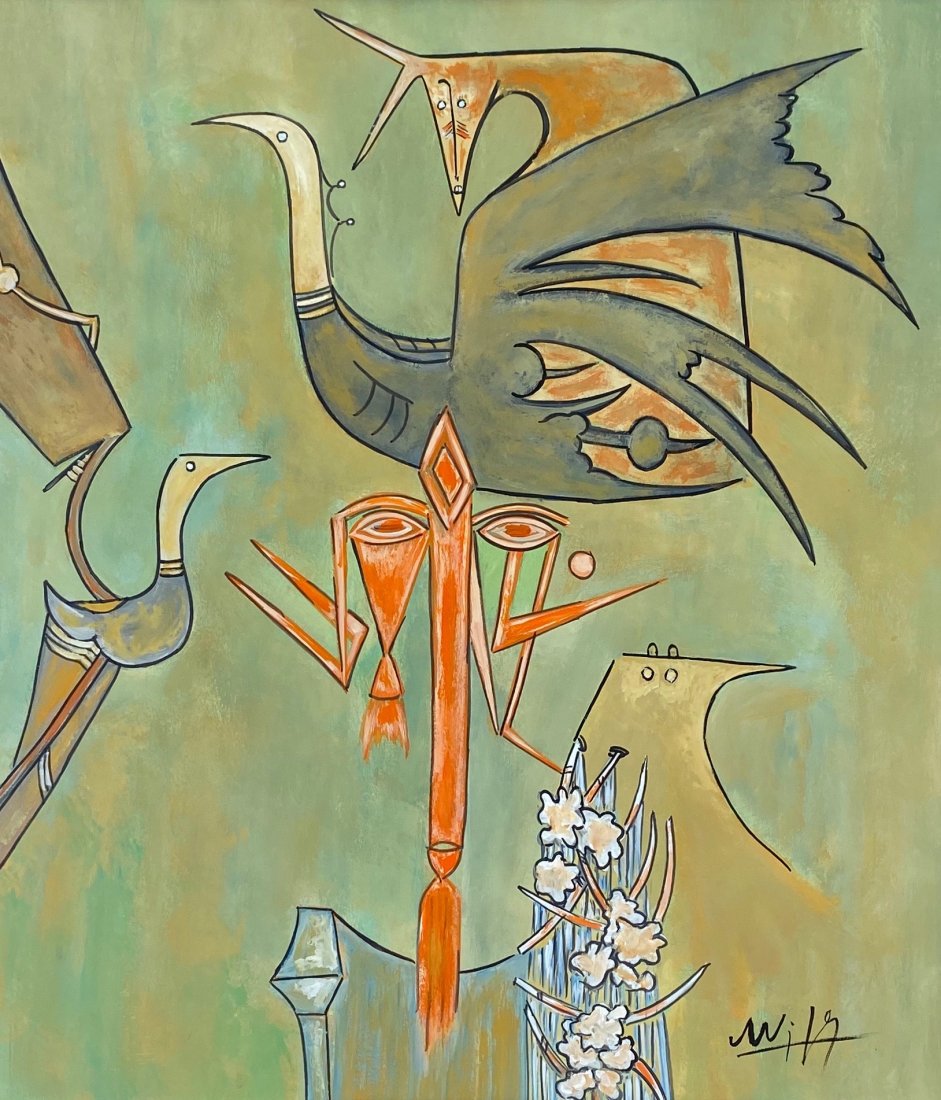 Wifredo Lam (Gouache on Paper) In the Style Of: Wifredo Lam Appears Lower Right. Technique: Gouache on Paper Painting. Measures: 14 X 11 Inches. Provenance: Maria Julia De la Caridad Private Collection La Habana, Sold in 1997 to a collector in Miam