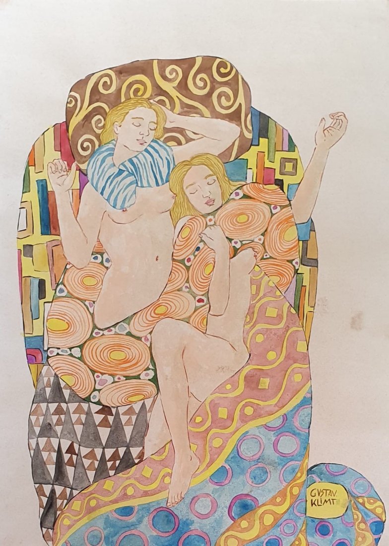 Gustav Klimt (Watercolor on Paper) In the Style of: Gustav Klimt appears in lower right. Technique: Watercolor on paper painting. Dimensions: 14 x 10 Inches. Provenance:Private collection. A Certificate Accompanies this lot. Lived Between July 14, 1862
