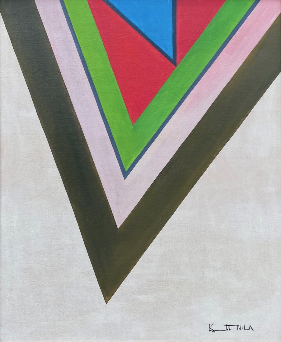 Kenneth Noland (Oil on Canvas) In the Style of: Kenneth Noland appears in lower right. Technique: Oil on canvas painting. Measures: 22 x 18 inches. Provenance: Private Collection. A certificate accompanies this Lot. Lived Between (April 10, 1924 Â