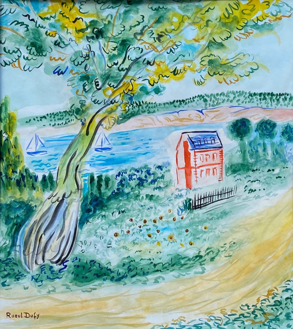 Raoul Dufy (Watercolor on Paper) I the style of: Raoul Dufy appears lower left. Technique: Watercolor con papers. Measures: 13 x 11 1/2 inches. Provenance: Private collection. A COA accompanied this piece Between (3 June 1877 – 23 March 1953) was 