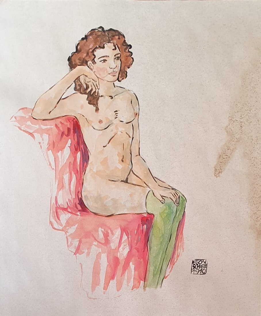 Egon Schiele (Watercolor on paper) in the style of: Egon Schiele 1910 appears lower right. Technique: Watercolor on paper. Measures: 12 1/4 x 10 1/4 inches. Provenance: Private Collection Vienna. A Certificate Accompanies this Piece. Biography: Lived b