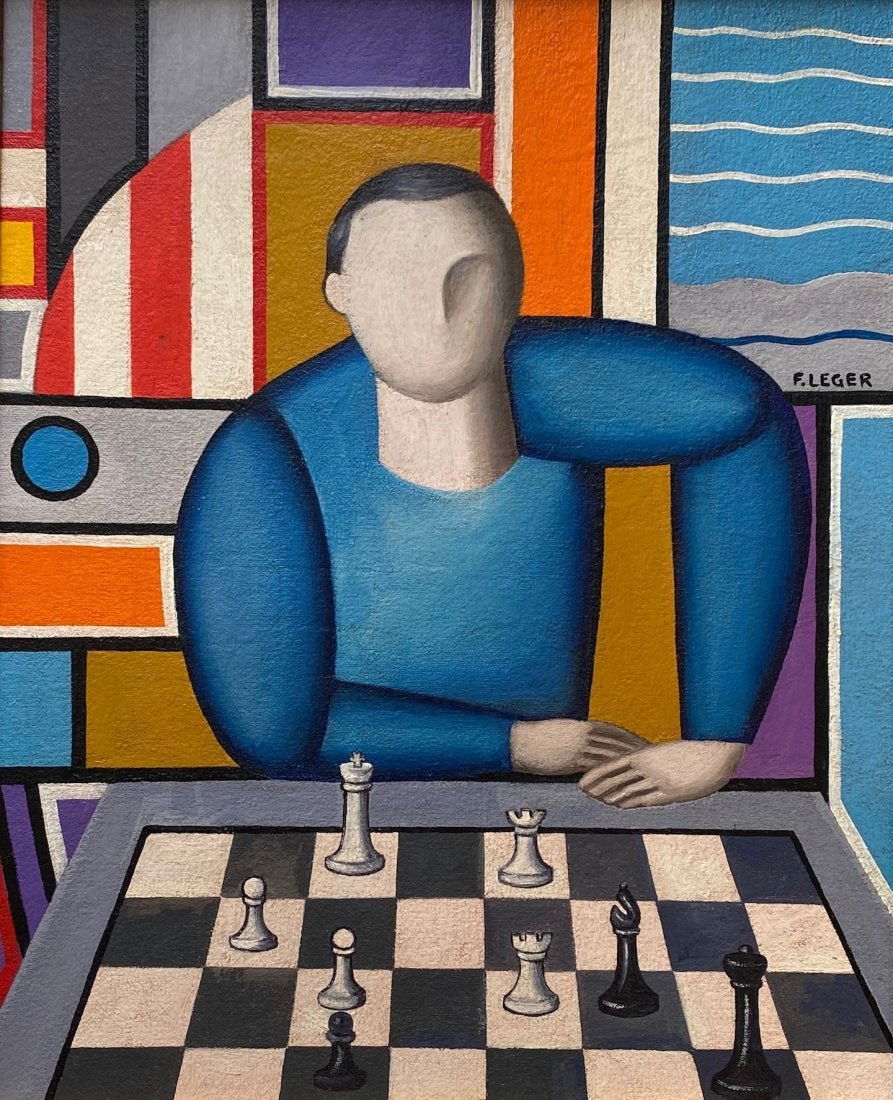Fernand Leger (Oil on Canvas) In the Style of: F. Leger appears in the right center. Technique: Oil on Canvas Painting. Measures: 16 x 13 inches. Provenance: Particular collection Paris Acquired directly from the artist as a Gift for chess players