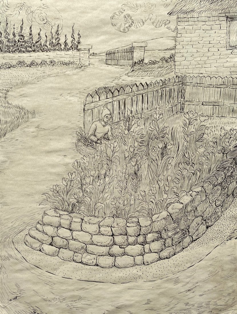 Vincent van Gogh (Ink on paper) In the Style of: Vincent appears lower left. Technique: ink on paper. Measures: 15 x 11 1/2 inches. Provenance Private collection Paris . A certificate accompanied this lot. Biography: Lived between 30 March 1853 – 