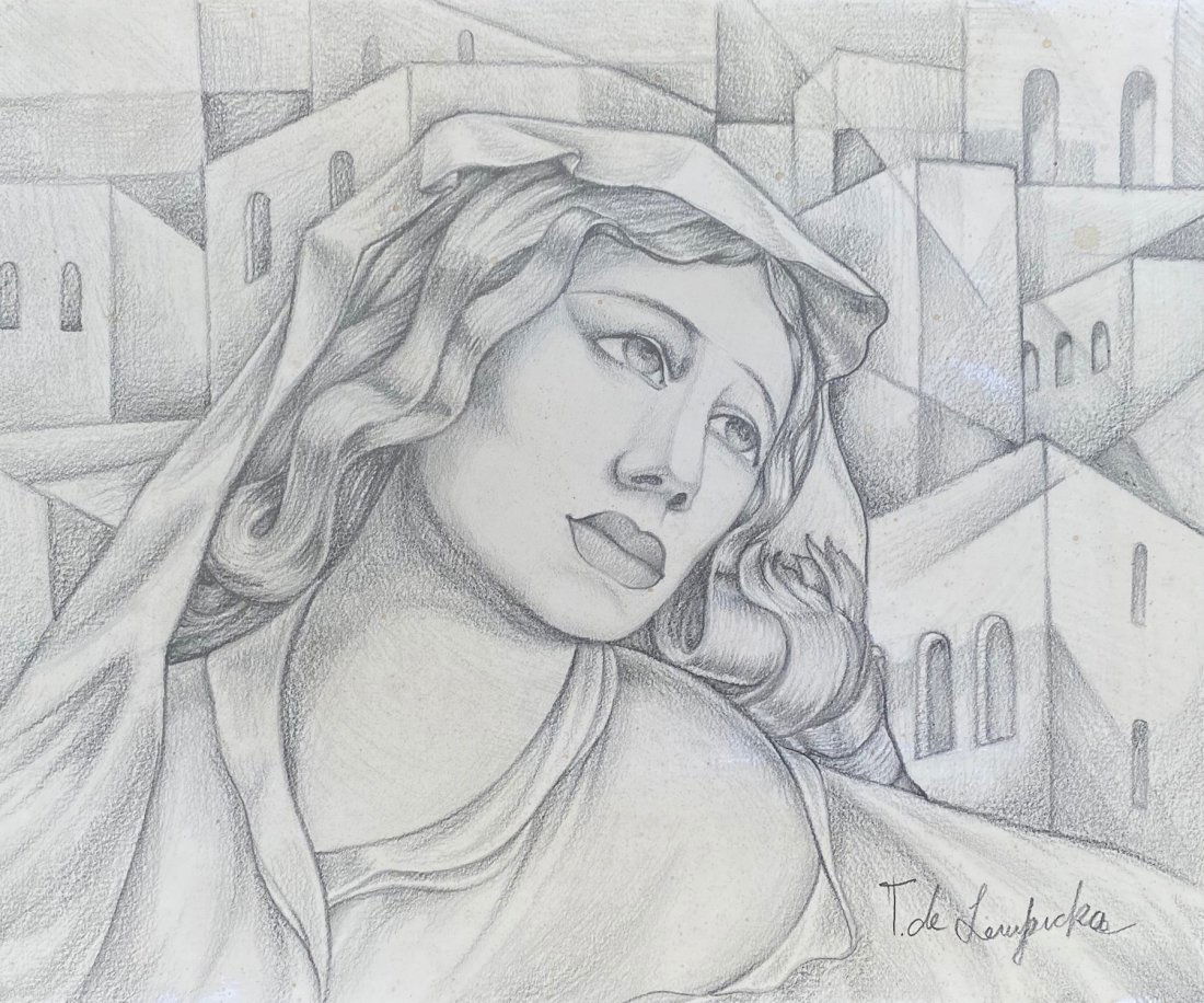 Tamara de Lempicka (Pencil on Paper) In the style of: T. de Lempicka appears in lower right. Technique: Pencil on paper painting. Measures: 14 3/8 x 12 Inches. Provenance:Private Collection PortugalAcquired in 1974. Biography: Lived between (16 May 1898