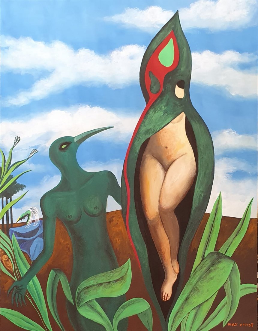 Max Ernst (Gouache on Paper) In the Style of: Max Ernst appears in lower right. Technique: Gouache on paper. Measures: 17 x 15 inches. Provenance:Private collection.A Certificate is present. Biography: Lived between Max Ernst (2 April 1891 – 1