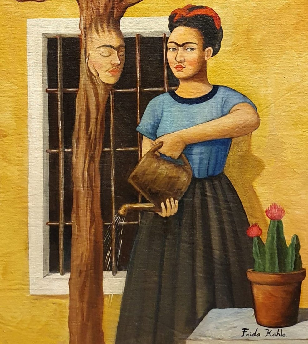 Frida Kahlo (Oil on Canvas) In the Style of: Frida Kahlo Appears lower right. Technique: Oil on canvas Painting. Measures: 16 x 13 Inches. Provenance: Private Collection Mexico City. A certificate accompanied this lot. Lived Between (6 July 1907