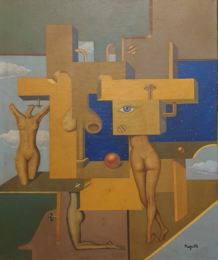 Rene Magritte (Oil on Canvas) in the style of: Magritte appears lower right. Technique: Oil on canvas Painting. Measures: 25 1/2 x 21 inches. Provenance: Private Collection Europe. A certificate Accompanies this Piece.Biography: Lived between (21 