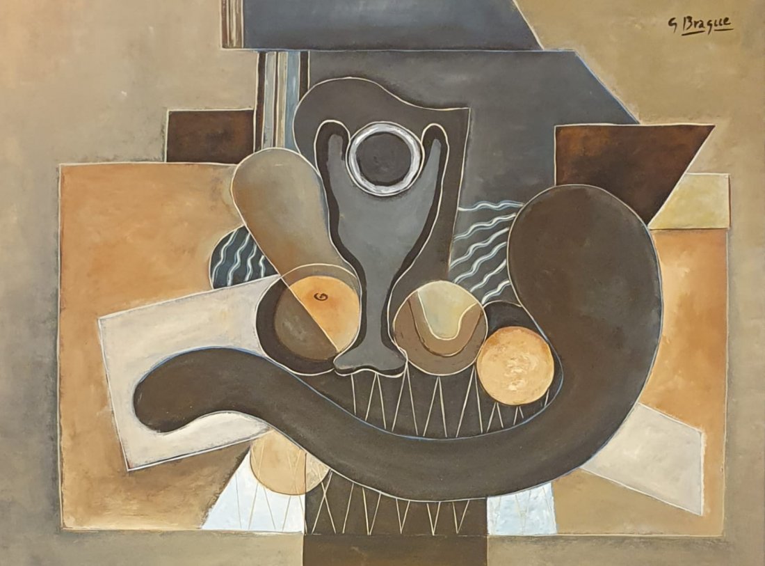 Georges Braque (Oil on Canvas) In the Style of: G. Braque appears in upper right. Technique: Oil on canvas painting . Measures: 12 x 16 inches. Provenance: Private collection France. This lot comes with a COA. Lived Between (13 May 1882 – 31 Augu