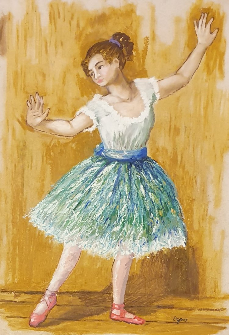 Edgar Degas (Pastel on Paper) In the Style of: Degas appears lower right, Measures: 17 1/2 x 12 1/2 inches, Technique: Patel on paper painting. Provenance: Private collection. This pieces comes with a COA. Lived between (19 July 1834 – 27 Septem