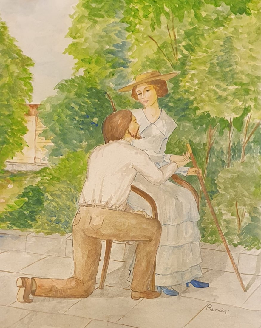 Pierre Auguste Renoir (Watercolor on Paper) Style of: Renoir Appears lower right. Technique: Watercolor on Paper Painting. Dimensions: 17 3/8 x 14 inches. Provenance: Private collection. Lived Between (25 February 1841 – 3 December 1919), was a French 