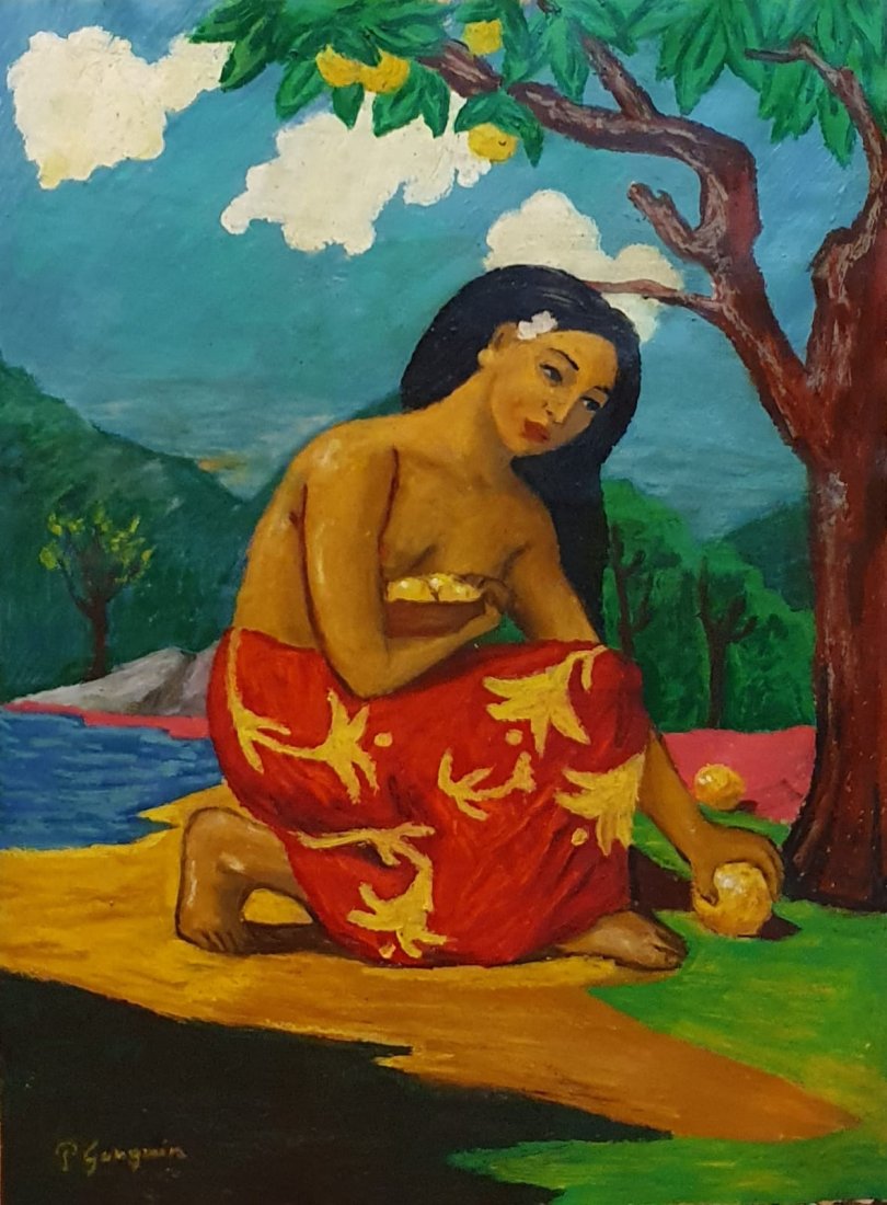 Paul Gauguin (Pastel on Paper) in the style of: P. Gauguin appears lower left. Technique:Pastel on paper. Measures:19 x 14 inches. Provenance: Private collection .A Certificate Accompanies this Piece. Biography: (7 June 1848 – 8 May 1903) was a F
