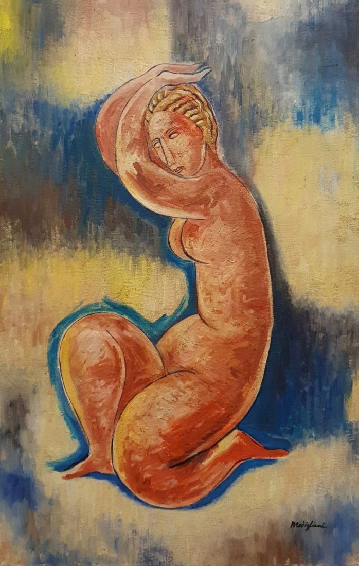 Amedeo Modigliani (Oil on Canvas) in the style: Modigliani appears lower right .Technique: Oil on Canvas Painting. Measures: 21 1/2 x 13 7/8 inches Provenance: Private Collection. A Certificate Accompanies this Piece .Biography: (12 July 1884 Â–