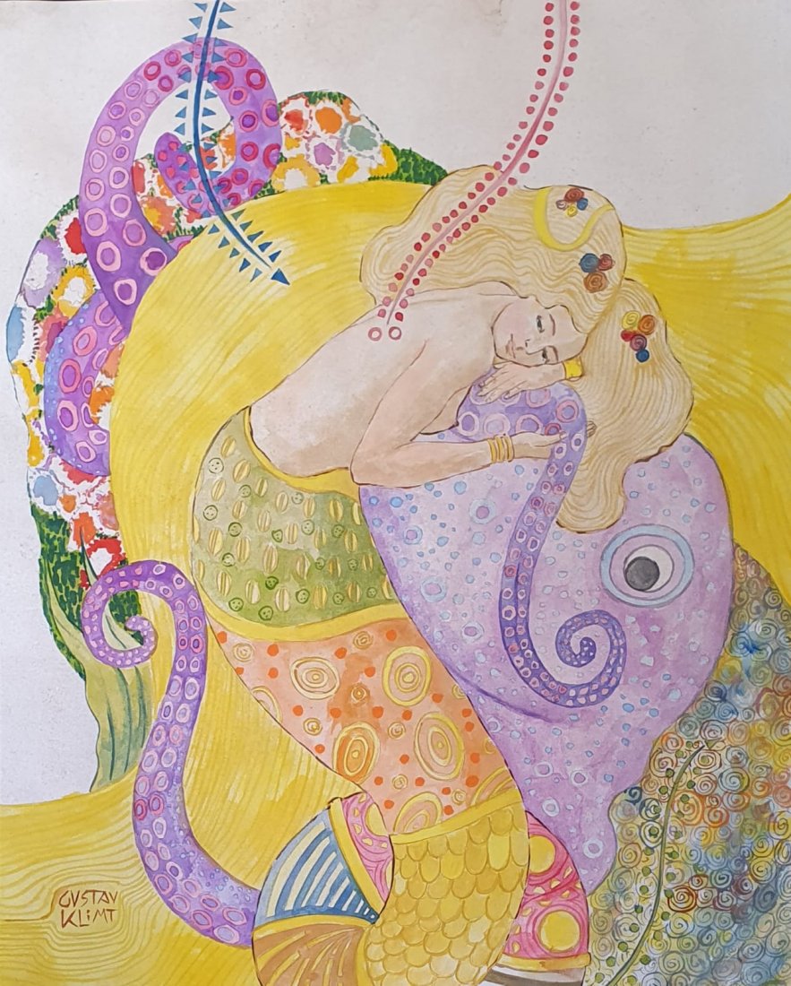 Gustav Klimt (Watercolor on Paper) In the Style of: Gustav Klimt appears in lower left. Technique: Watercolor on paper Painting. Dimensions: 15 1/4 x 14 1/4 Inches. Provenance: Private Collection New York. A Certificate Accompanies this lot. Lived Betw