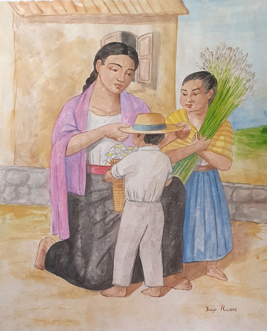 Diego Rivera (Watercolor on Paper) in the Style of: Diego Rivera appears in lower right. Technique: Watercolor on paper Painting. Measures: 16 x 13 Inches. Provenance: Private collection. A Certificate Accompanies this Lot. Lived Between (December 8, 1