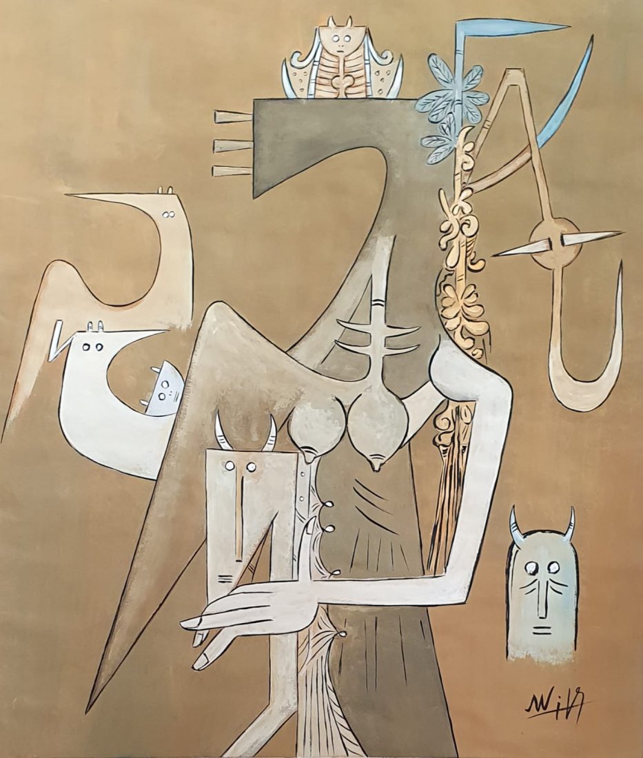 Wifredo Lam (Gouache on Paper) In the Style Of: Wifredo Lam appears in lower right. Technique: Gouache on paper painting. Measures: 14 x 12 inches. Provenance: Private Collection Miami. A Certificate Accompanies this Piece.Lived between (December 8