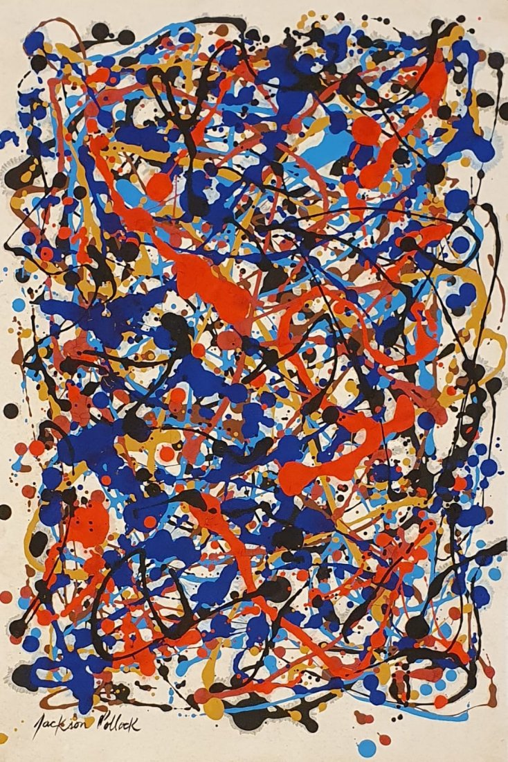 Jackson Pollock (Gouache on Paper) In the Style of: Jackson Pollock appears in lower left. Technique: Gouache on paper Painting. Measures: 18 x 12 Inches. Provenance: Private collection. A Certificate Accompanies this Lot.Lived Between (January 28, 191