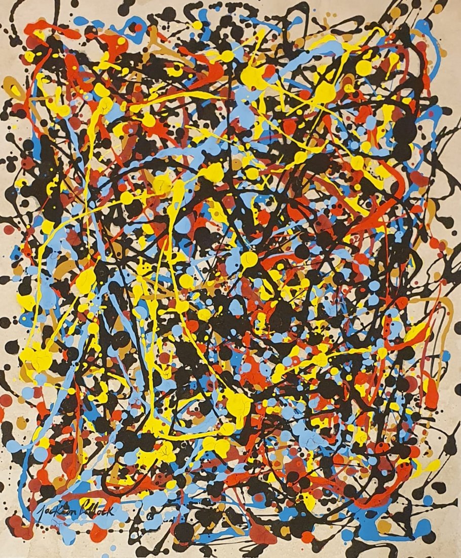 Jackson Pollock (Gouache on Paper) In the Style of: Jackson Pollock appears in lower left. Technique: Gouache on paper painting. Measures: 15 3/8 x 13 1/4 Inches. Provenance: Private collection. A Certificate Accompanies this Lot.Lived Between (January