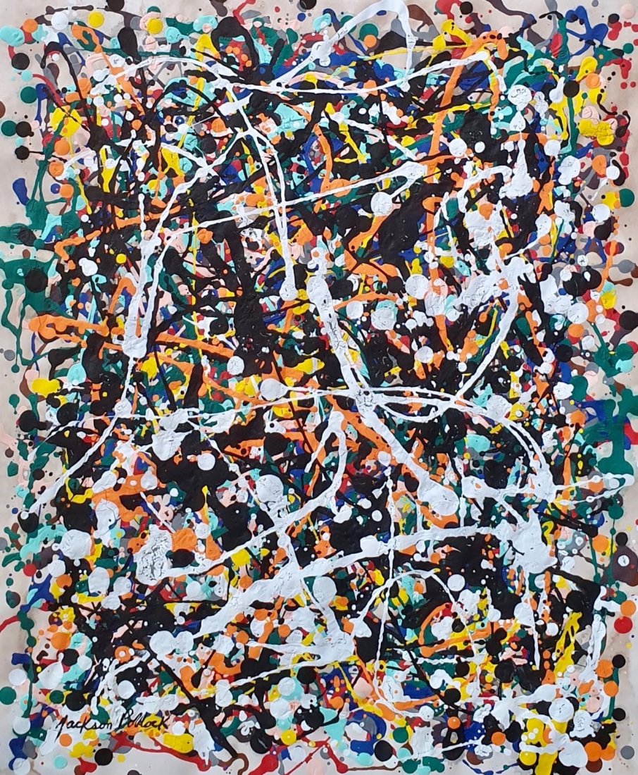Jackson Pollock (Gouache on Paper) In the Style of: Jackson Pollock appears in lower left. Technique: gouache on papers painting. Measures: 17 x 14 Inches. Provenance: Private collection. A Certificate Accompanies this Lot.Lived Between (January 28, 19