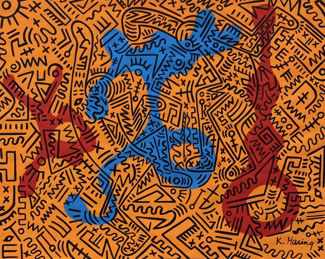 Keith Haring (Gouache on Paper ) in the style of: K.Haring appears in lower right. Technique: Gouache on paper painting. Measures: 14 x 11 1/4 Inches. Provenance: Private collection. A Certificate Accompanies this Lot. Lived Between (May 4, 1958 –