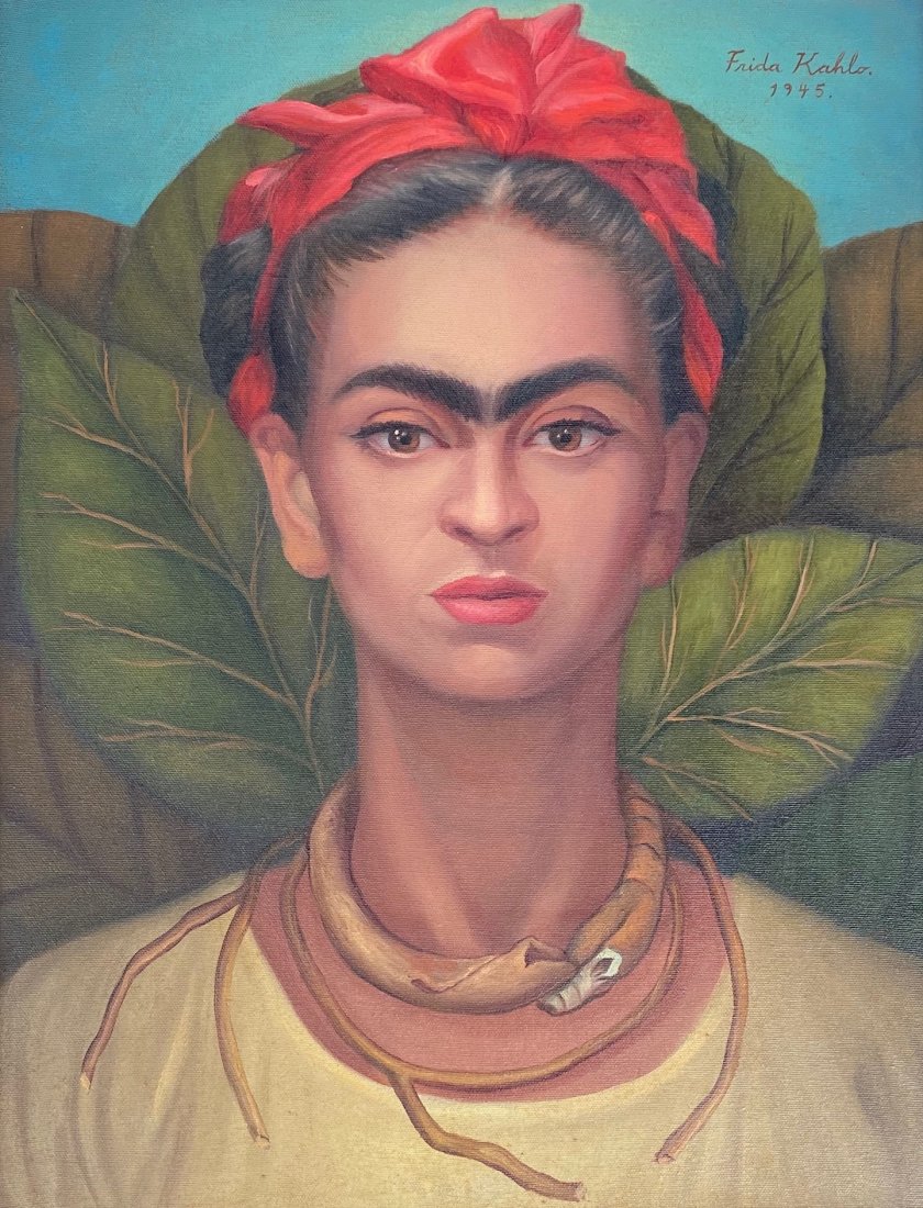 Frida Kahlo (Oil on Canvas) In the Style of: Frida Kahlo Appears upper right. Technique: Oil on canvas Painting. Measures: 17 3/4 x 13 3/4 Inches. Provenance: Private Collection Mexico City. A certificate accompanied this lot. Lived Between (6 J