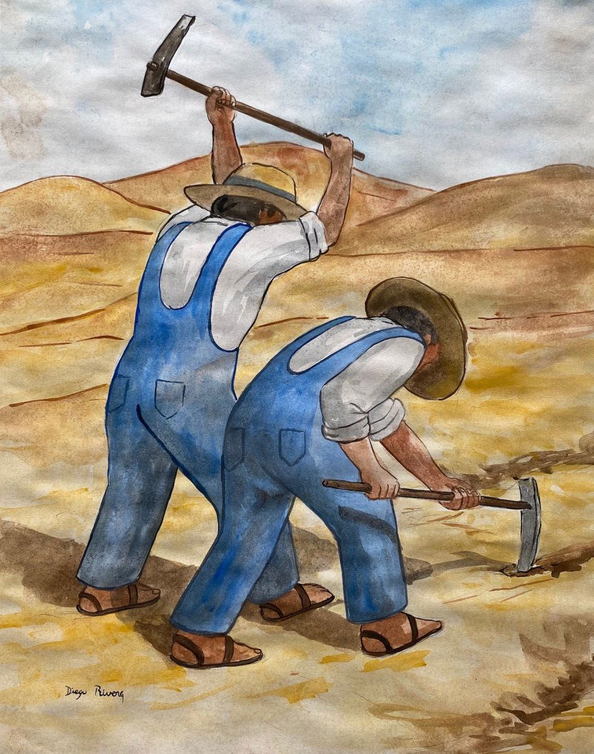 Diego Rivera (Watercolor on Paper) in the Style of: Diego Rivera appears in lower Left. Technique: Watercolor on paper painting. Measures: 15 x 12 Inches. Provenance: Private collection. A Certificate Accompanies this Lot. Lived Between (December 8, 18