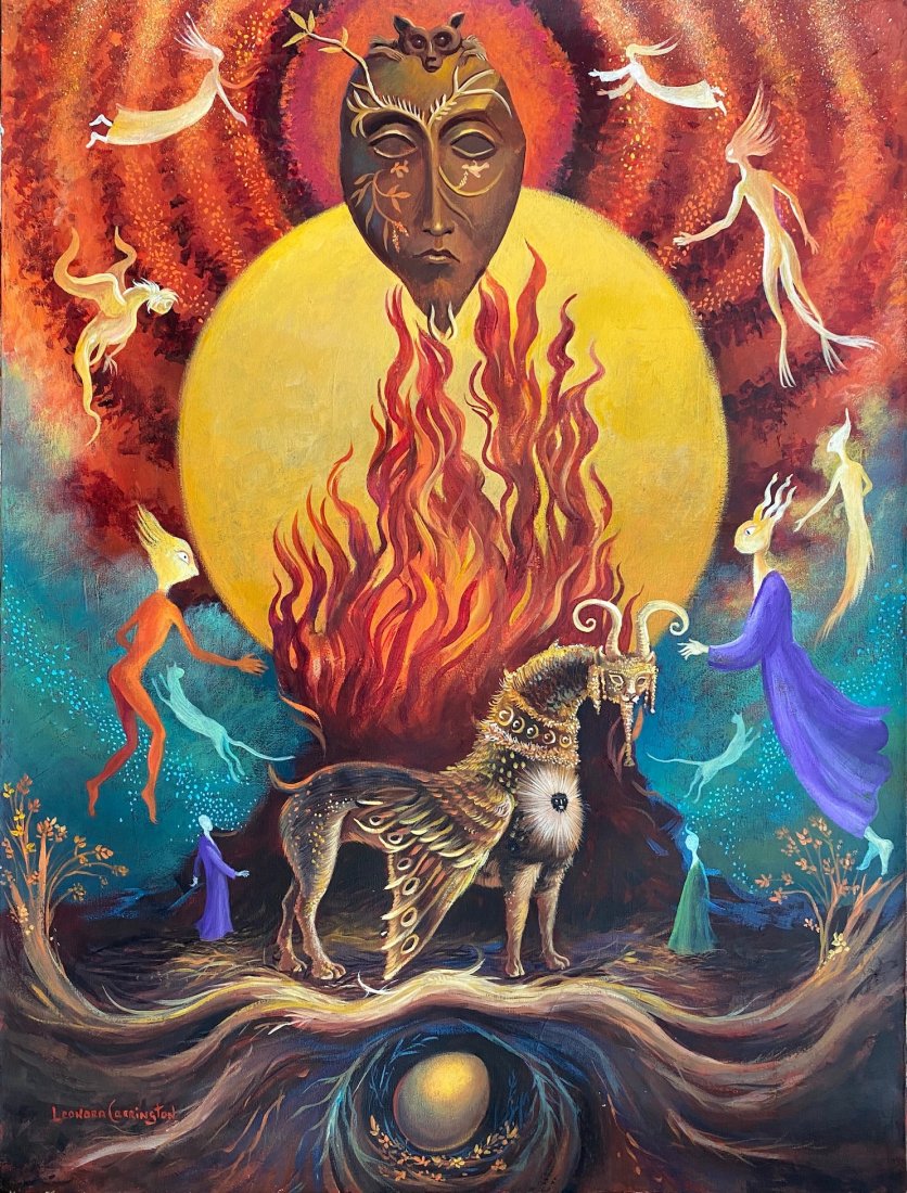 Leonora Carrington (Oil on canvas) in the style of: Leonora Carrington Appears in Lower Left. Technique: Oil on Canvas Painting.Measures: 23 1/2 X 18 Inches . Provenance: Private Collection. A Certificate Accompanies this Lot.Lived Between 6 April 1917