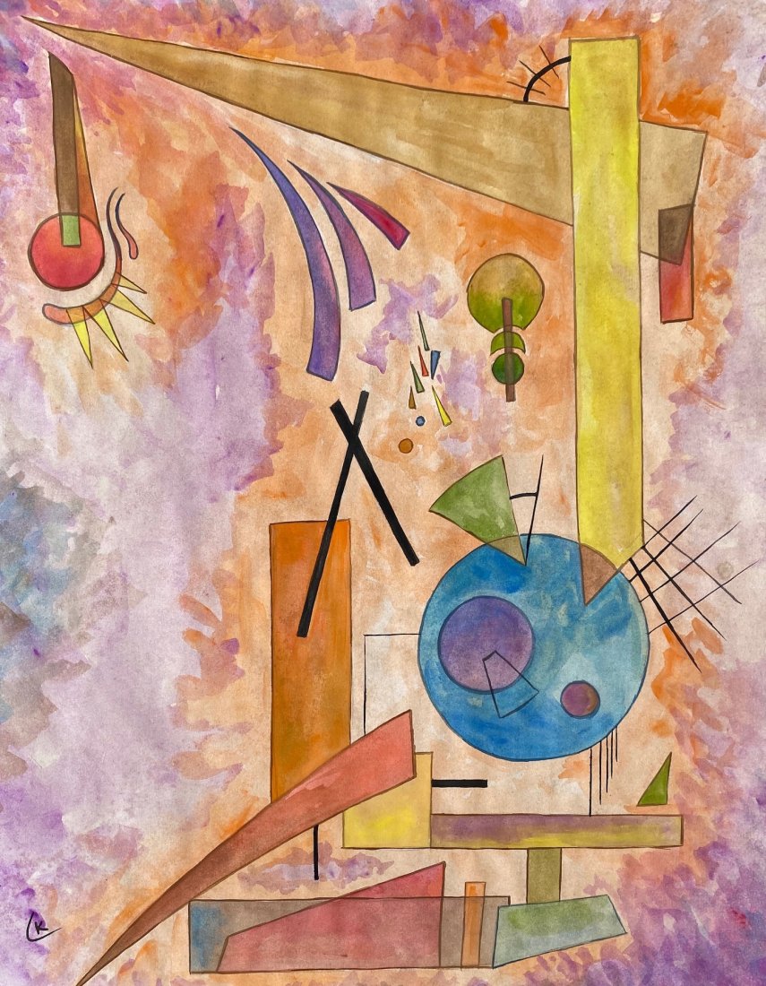 Wassily Kandinsky (Watercolor on Paper) in the style of: Kandinsky appears lower left. Technique: Watercolor con papers. Measures: 16 1/2 x 13 inches. Provenance: Private collection. A COA accompanied this piece Between (16 December 4 December 1866 – 13 D