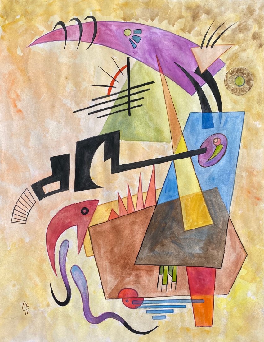 Wassily Kandinsky (Watercolor on Paper) in the style of: Kandinsky appears lower left. Technique: Watercolor con papers. Measures: 15 x 11 3/4 inches. Provenance: Private collection. A COA accompanied this piece Between (16 December 4 December 1866 – 13 D