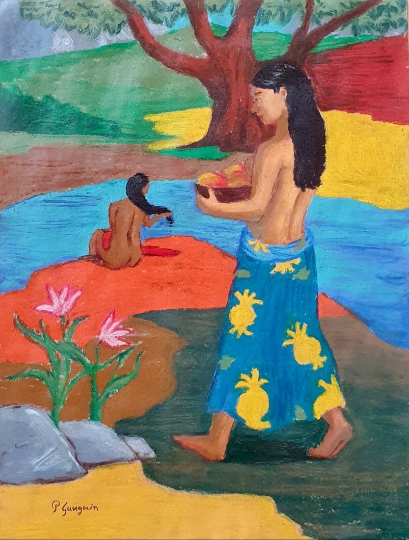 Paul Gauguin ( Pastel on Paper ) in the style of: P. Gauguin appears lower left. Technique:Pastel on paper. Measures: 15 x 11.5 inches. Provenance: Private collection .A Certificate Accompanies this Piece. Biography: (7 June 1848 – 8 May 1903) was 