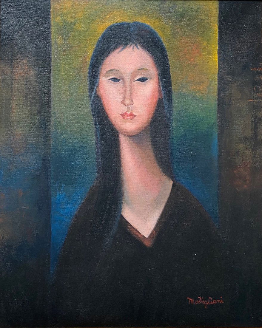 Amedeo Modigliani (Oil on Canvas) in the style: Modigliani appears lower right .Technique: Oil on canvas painting. Measures: 19.5 x 15.5 inches Provenance: Private Collection. A Certificate Accompanies this Piece .Biography: (12 July 1884 Â– 24