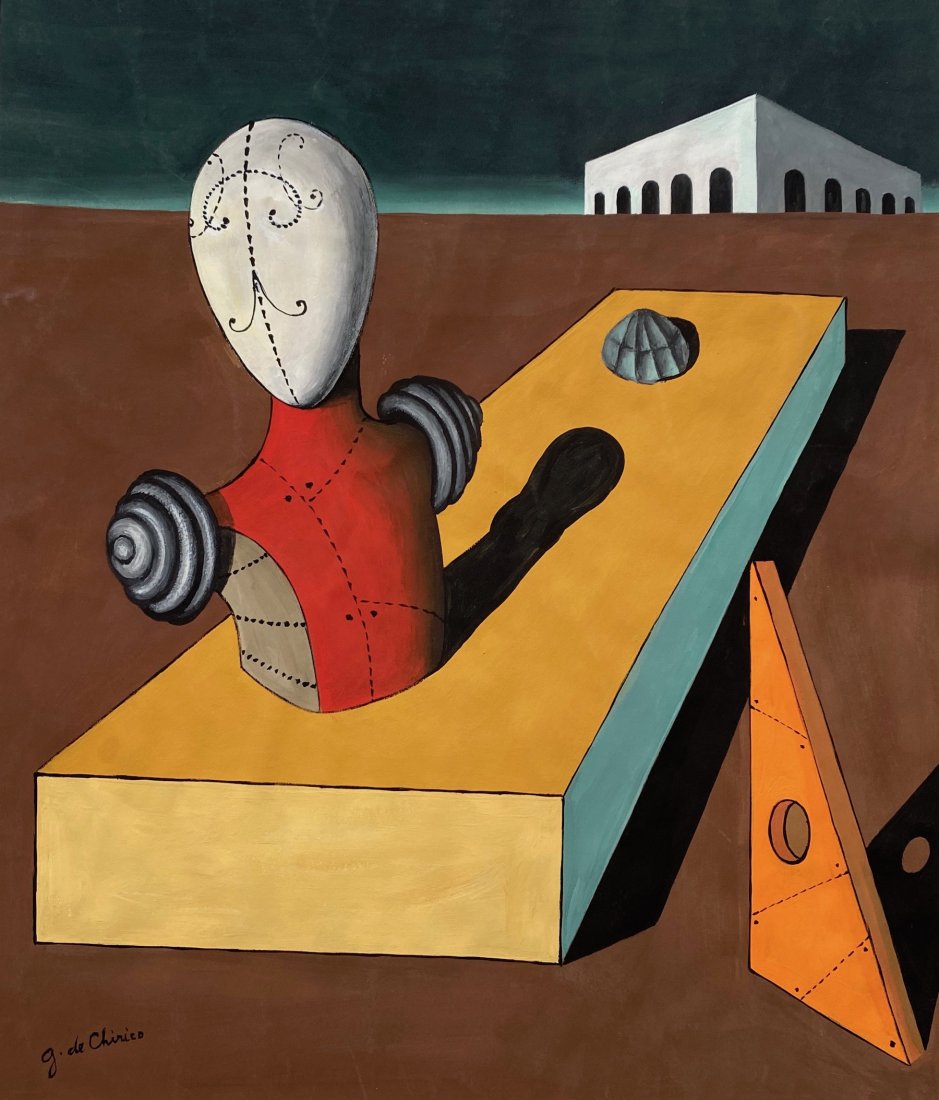 Giorgio de Chirico (Gouache on Paper) In the Style of: G. de Chirico appears lower left. Technique: Gouache on paper painting. Measures: 13 3/4 x 11 1/2 inches. Provenance: Private collection. A certificate Accompanies this Piece.Biography: Lived between 